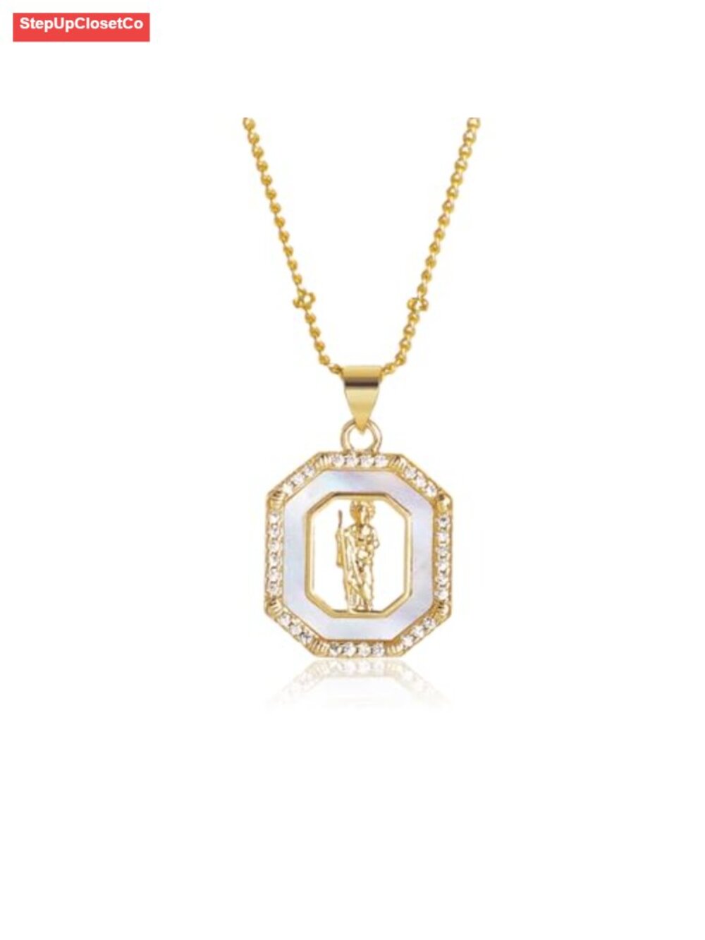 Mother of Pearl Pendant Necklace 18K Gold Plated Link Chain Catholic Jewelry